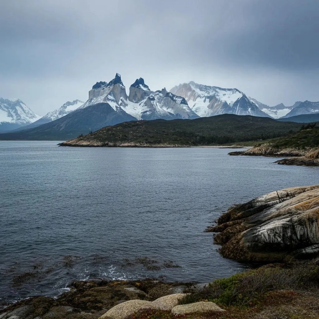 Cold coastal waters below snow-capped mountains