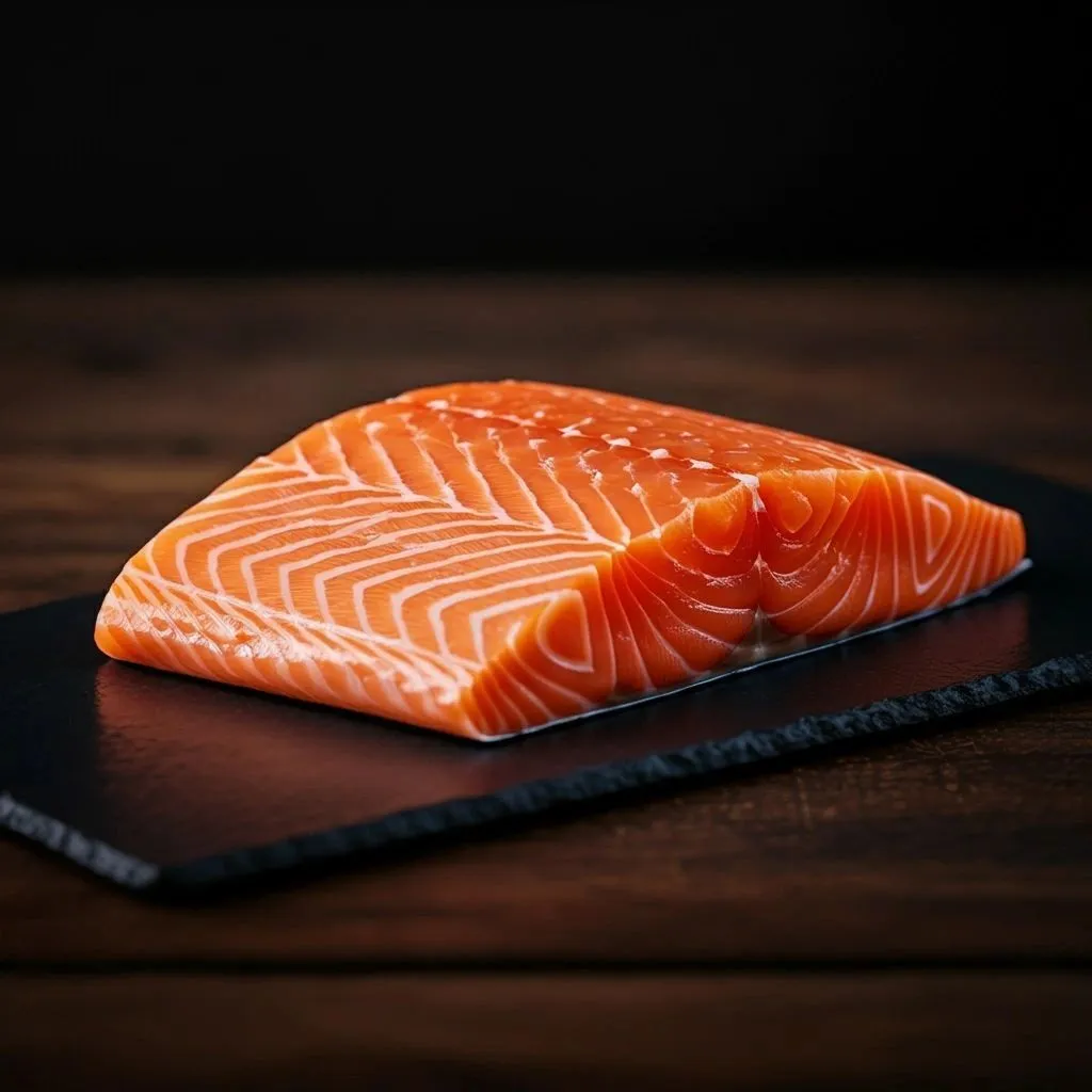 A raw salmon fillet on slate
