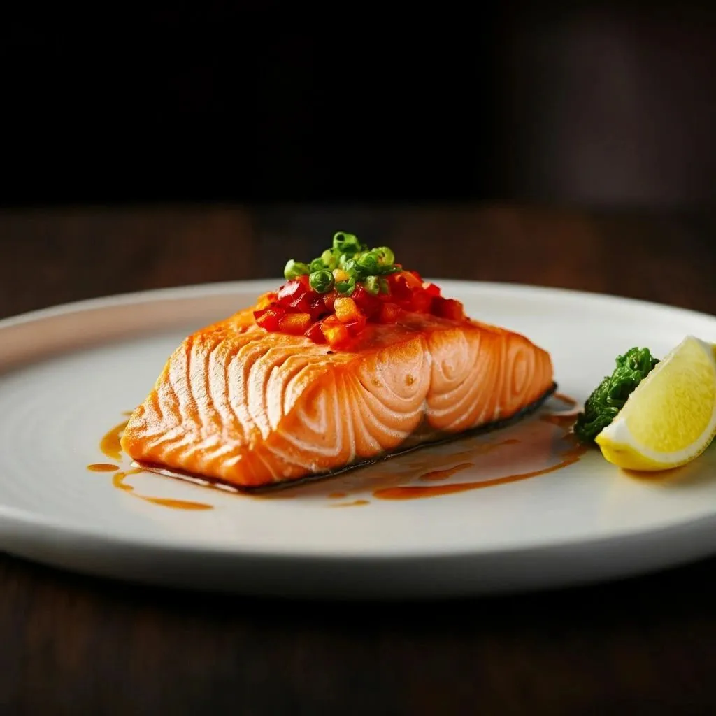 A cooked salmon fillet plated with garnish and lemon