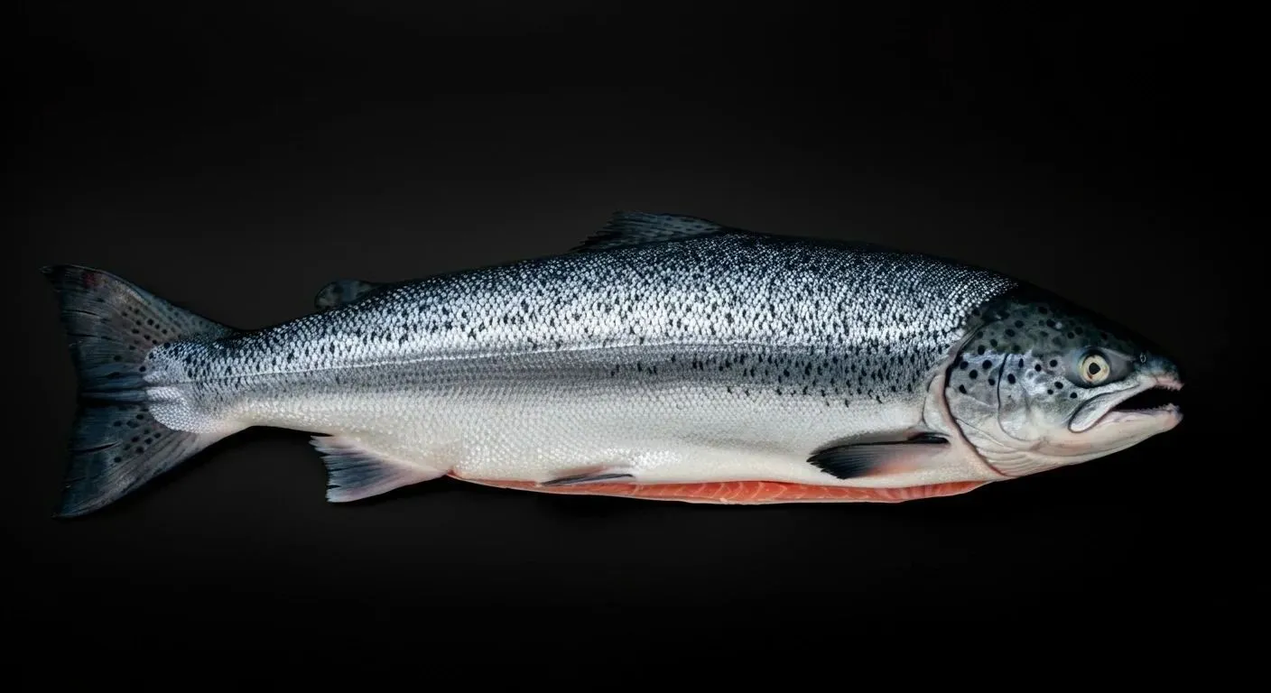 A whole salmon on a dark background